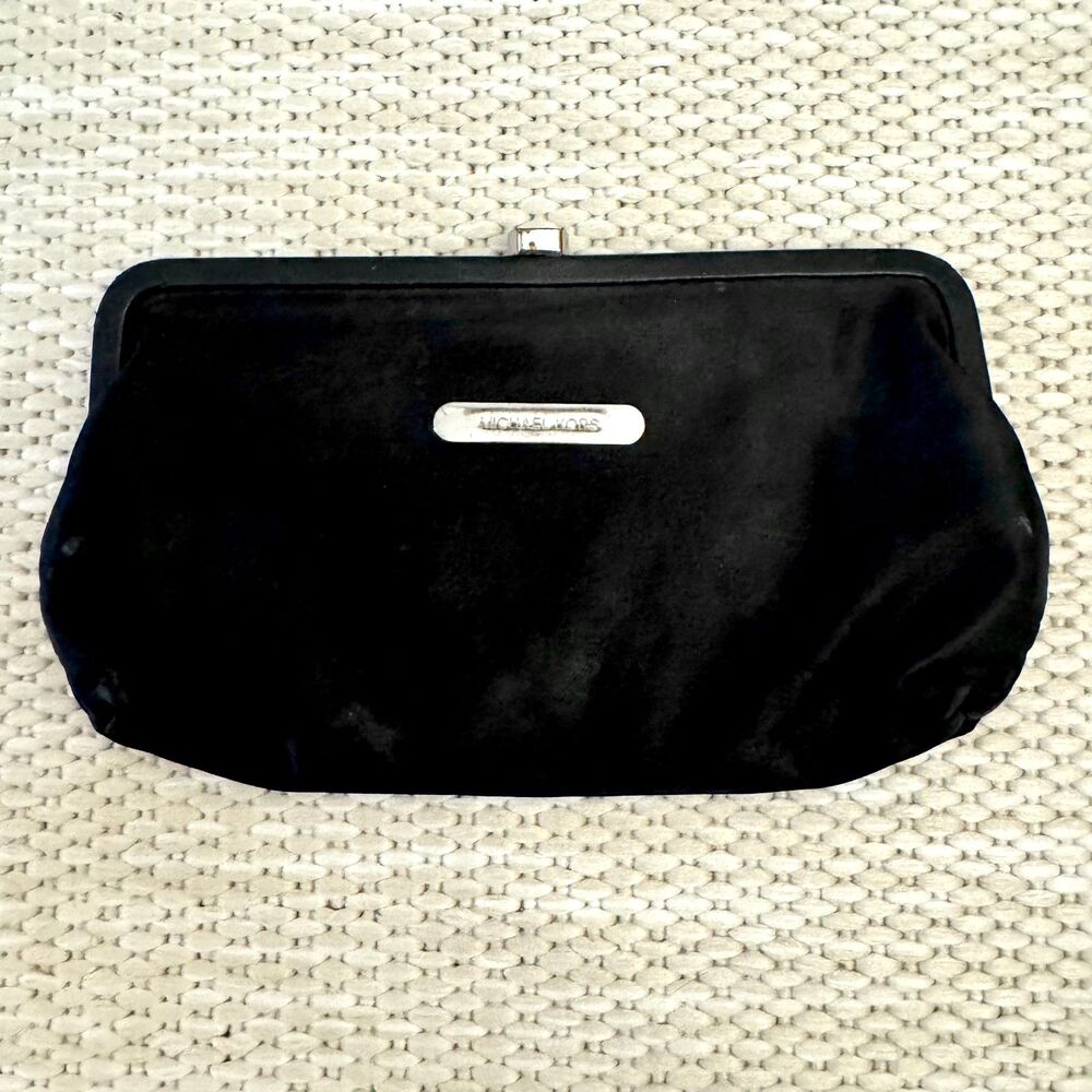 Michael Kors Black Satin Frame Clutch Evening Bag Silver Hardware